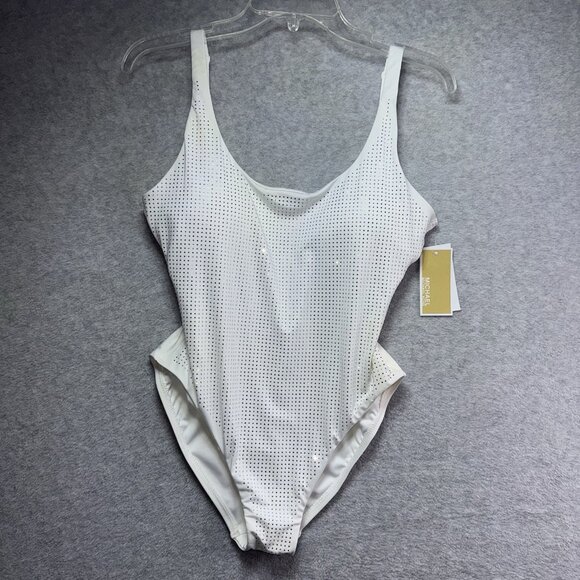 Michael Kors Swimsuit 12 One Piece White Studded Rhinestones Bride Honeymoon - Picture 1 of 11
